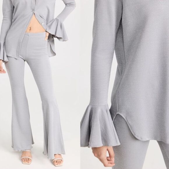 Sleeper Venera Lurex Lounge Suit Set Top and Pants Silver Flared Cuffs NWT $350 - Picture 1 of 11